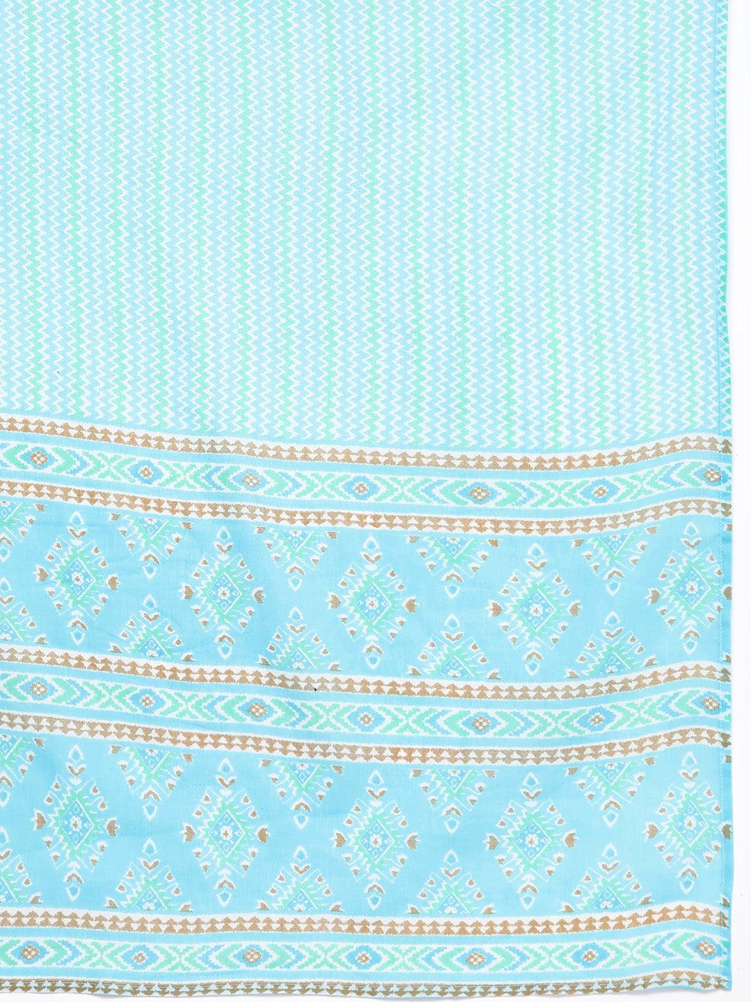 Plus Size Turquoise Blue Printed Cotton Straight Kurta With Trousers & Dupatta