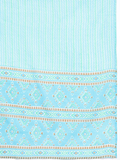 Plus Size Turquoise Blue Printed Cotton Straight Kurta With Trousers & Dupatta - Libas