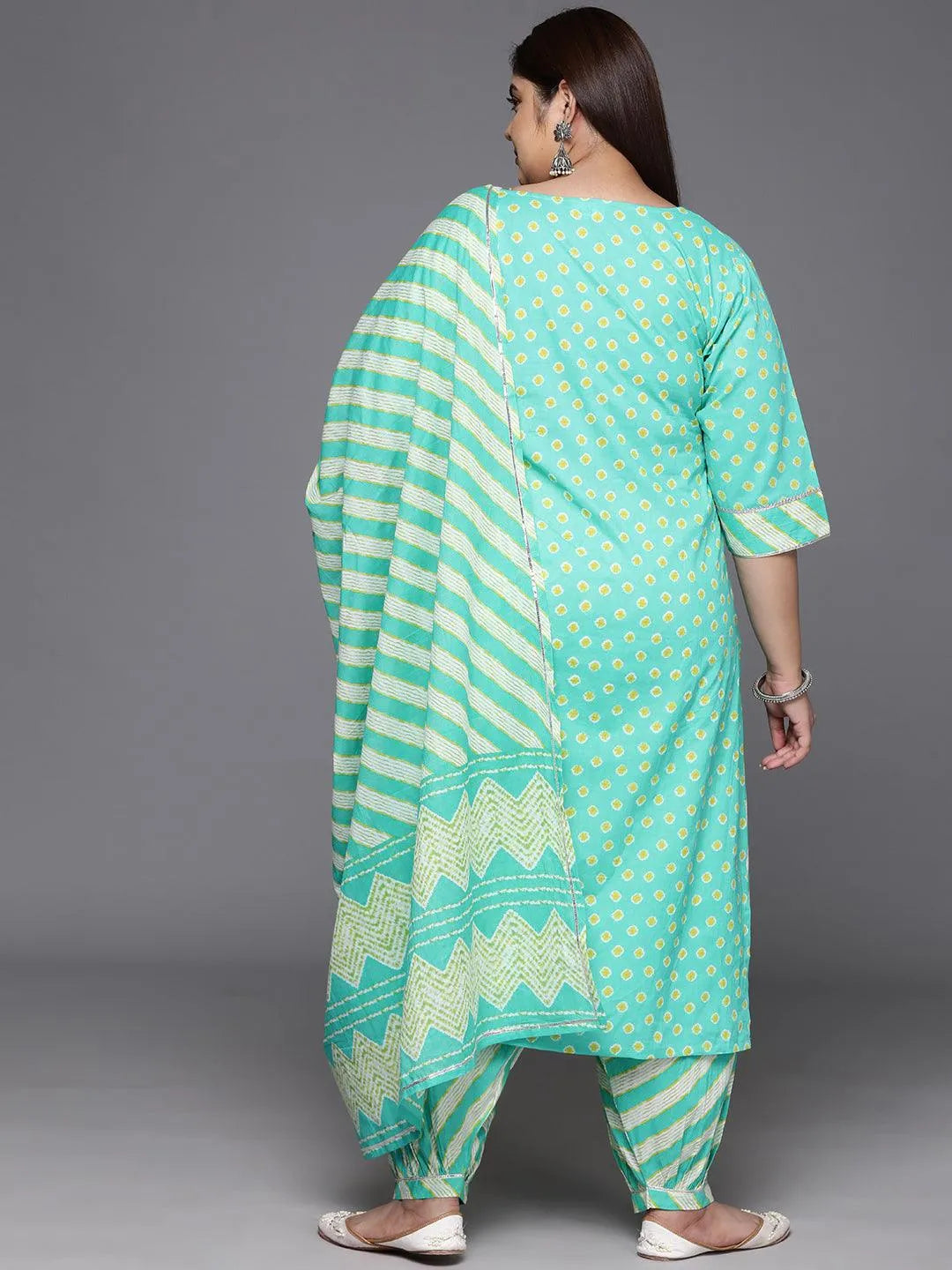 Plus Size Turquoise Blue Yoke Design Cotton Straight Kurta With Salwar & Dupatta - Libas 