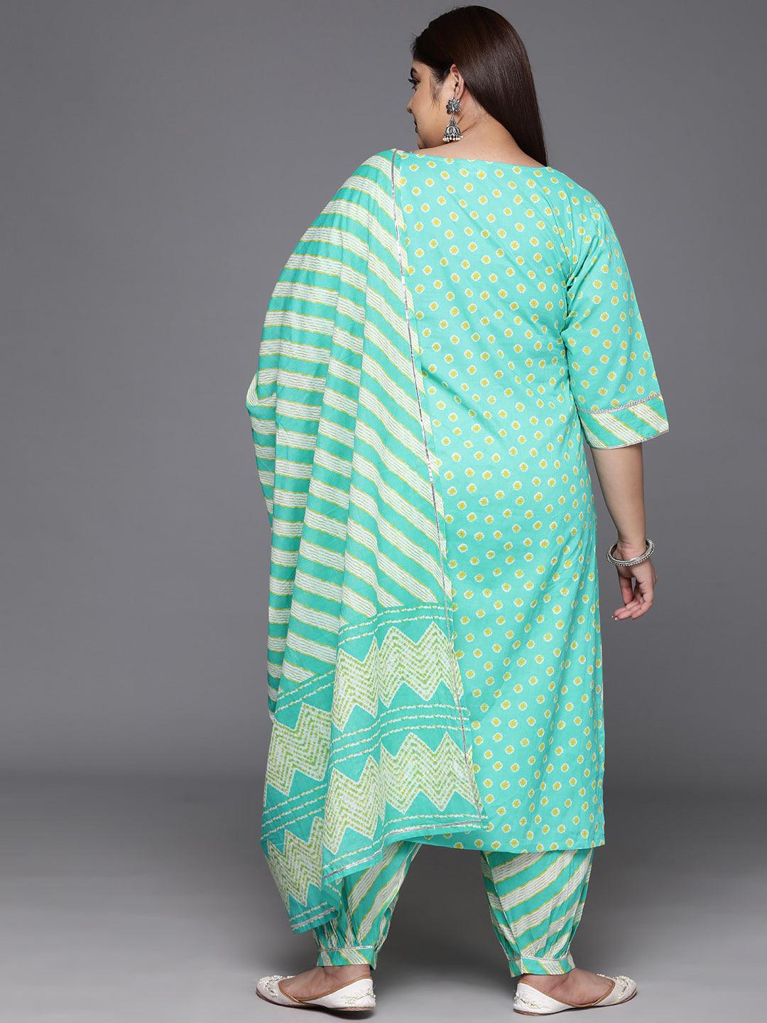 Plus Size Turquoise Blue Yoke Design Cotton Straight Kurta With Salwar & Dupatta - Libas