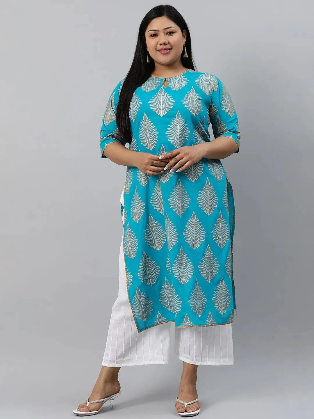 Plus Size Turtuoise Blue Printed Cotton Kurta - Libas