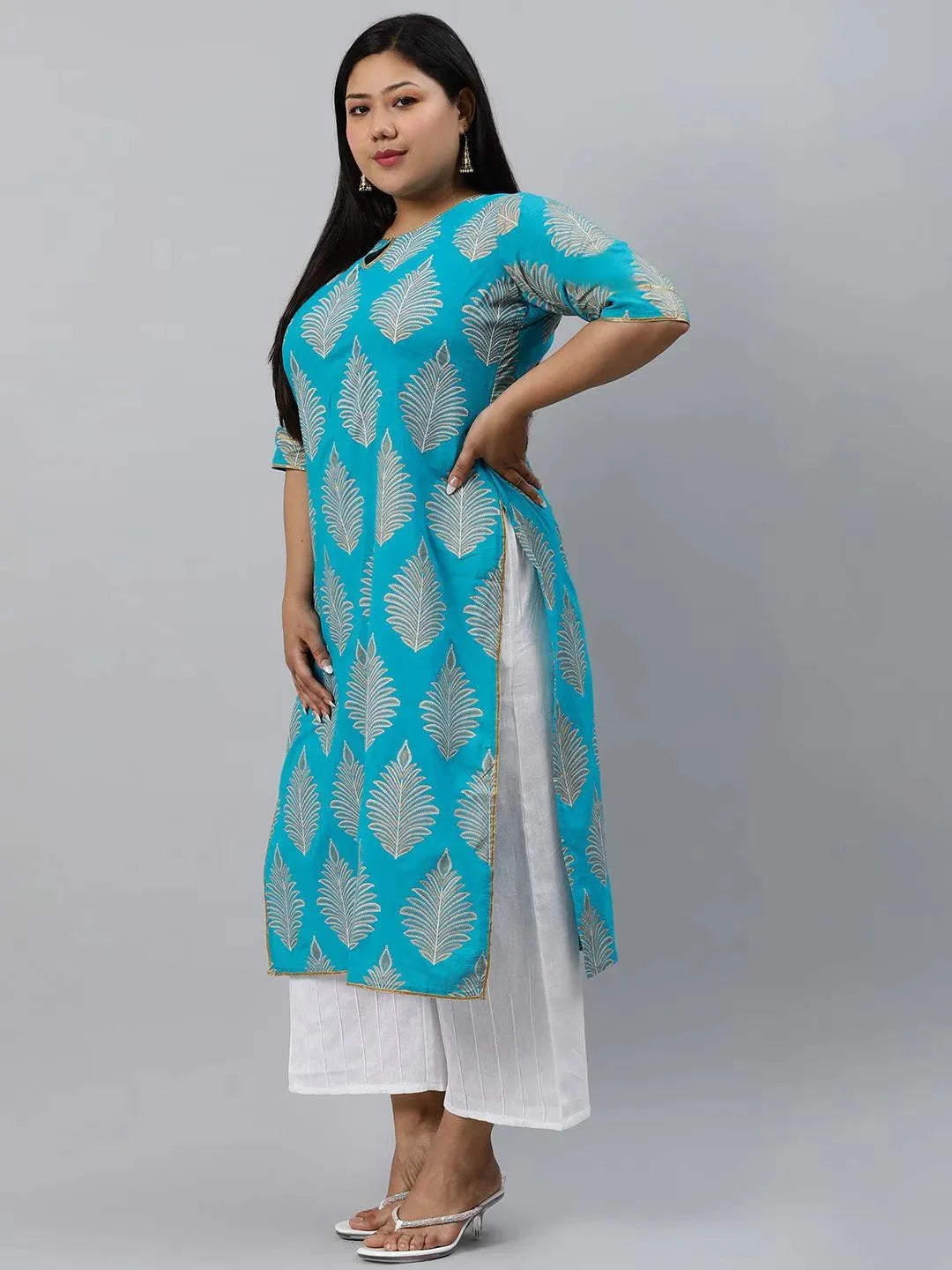 Plus Size Turtuoise Blue Printed Cotton Kurta - Libas