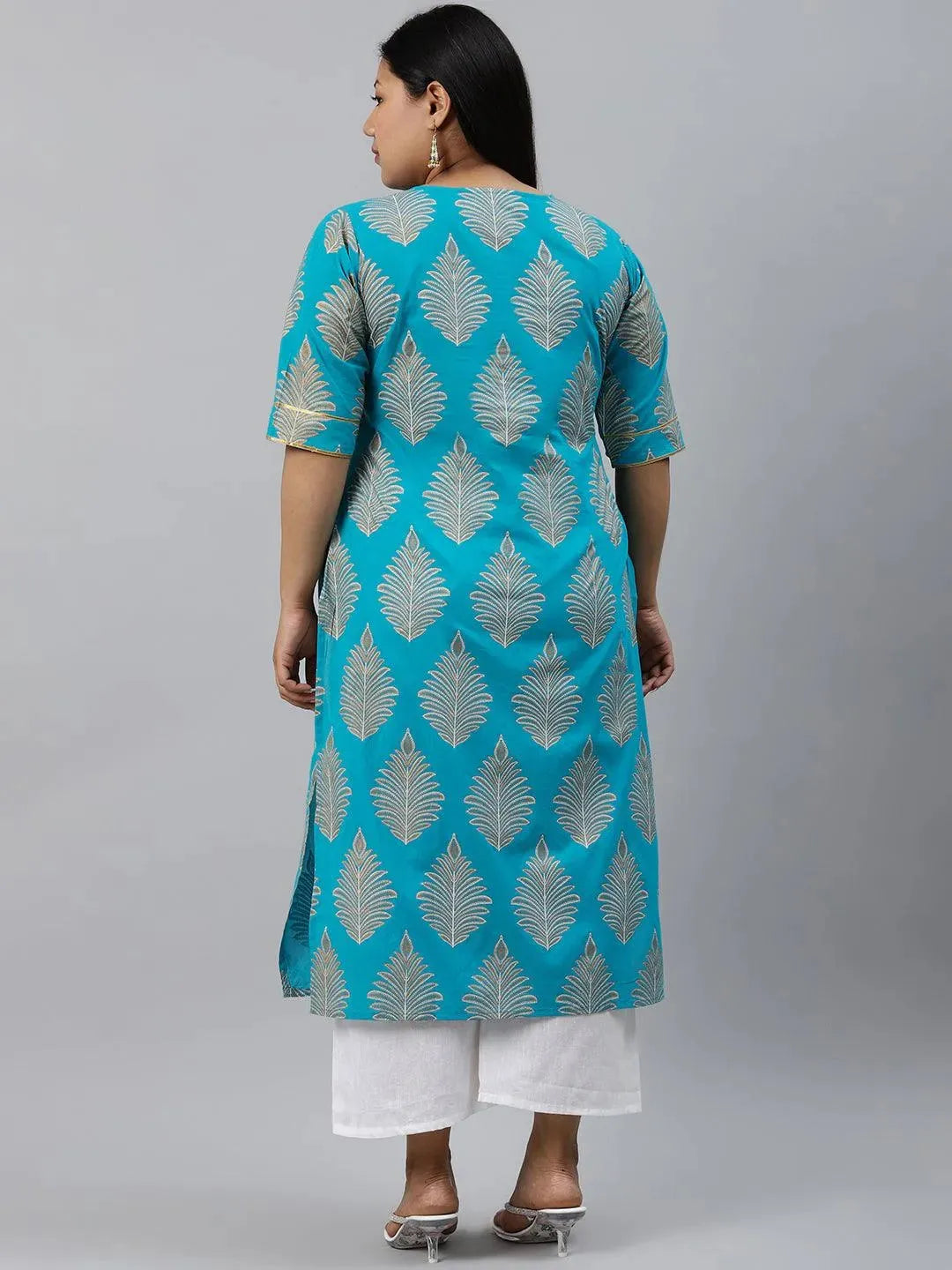 Plus Size Turtuoise Blue Printed Cotton Kurta - Libas