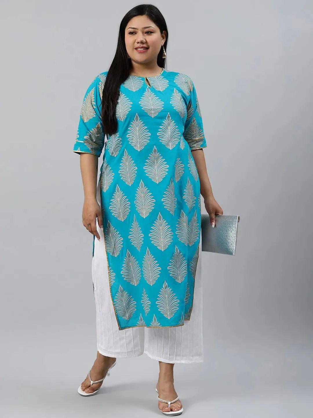 Plus Size Turtuoise Blue Printed Cotton Kurta - Libas