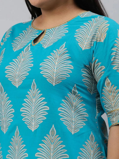 Plus Size Turtuoise Blue Printed Cotton Kurta - Libas