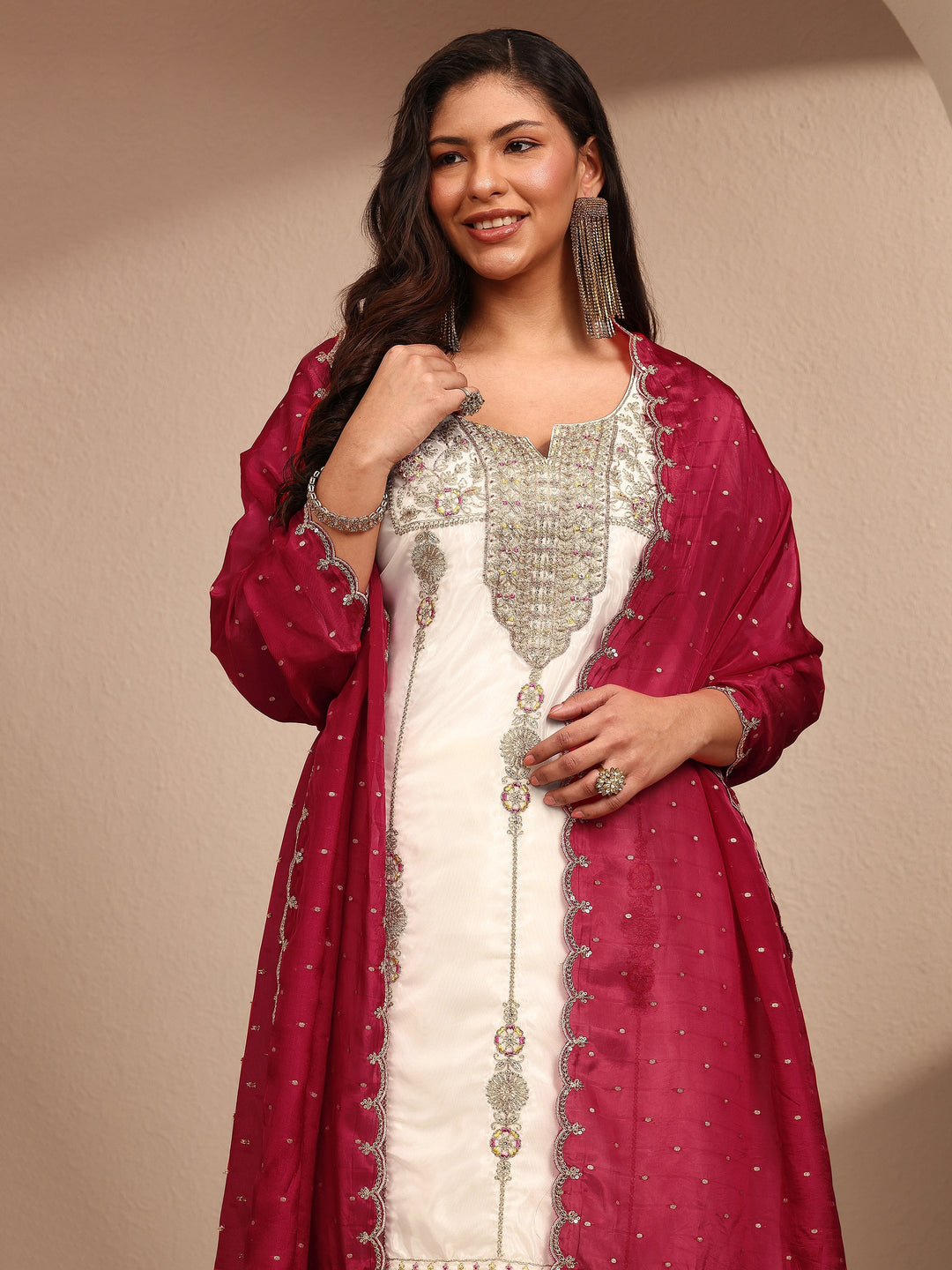 Plus Size White Embroidered Plus Size Clothing Organza Straight Suit Set With Dupatta