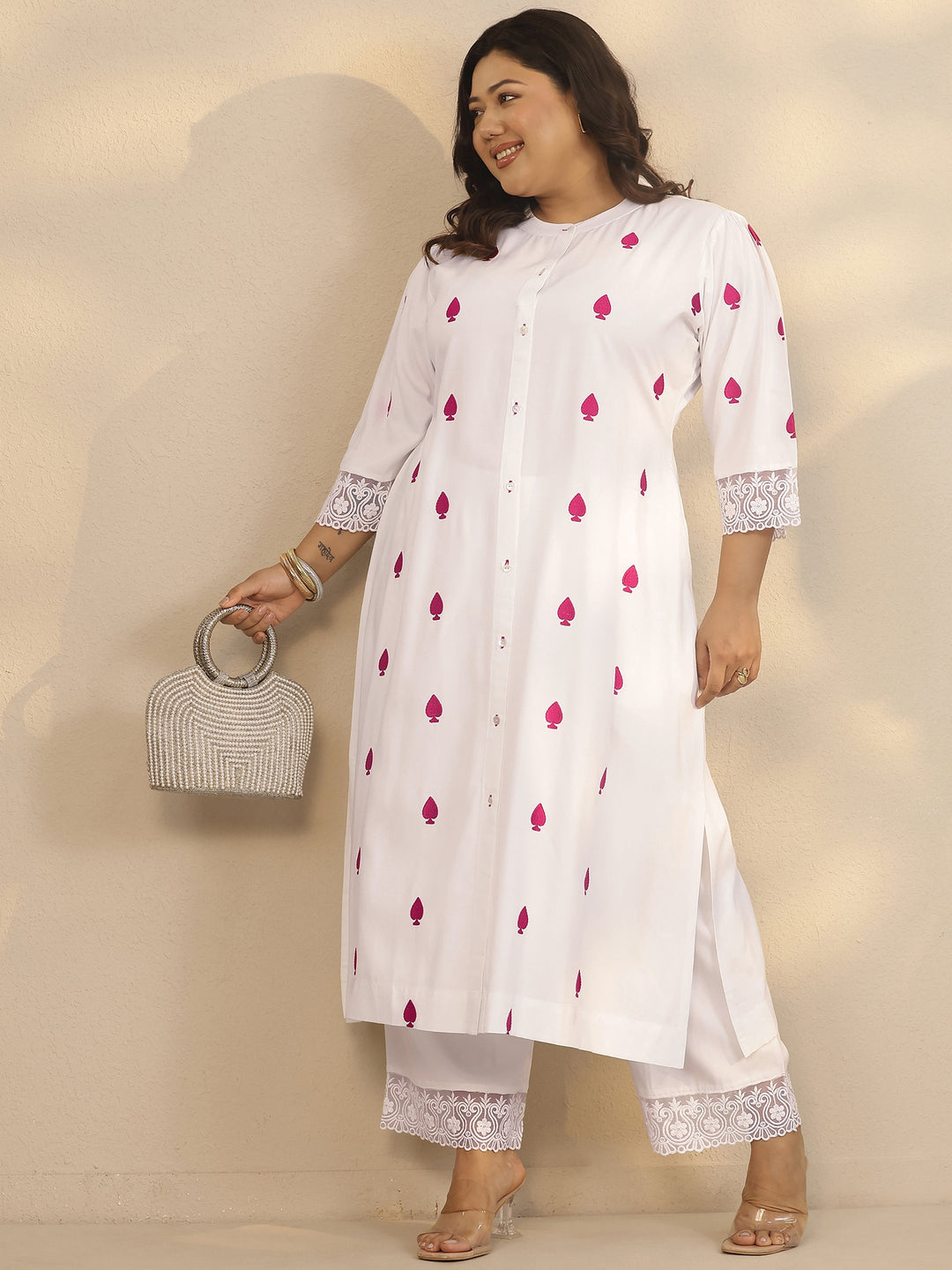  Plus Size White Embroidered Rayon Straight Kurta Set 