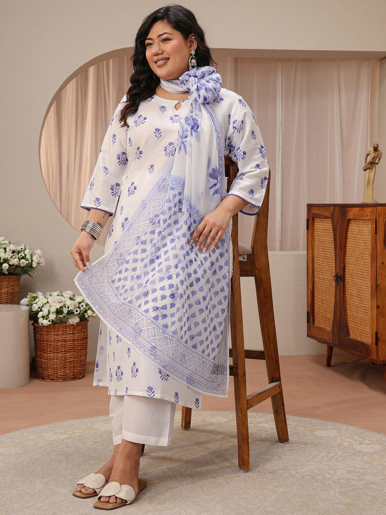 Plus Size White Floral Printed Cotton Blend Straight Suit Set