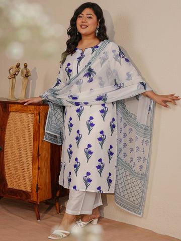 Plus Size White Floral Printed Cotton Blend Straight Suit Set
