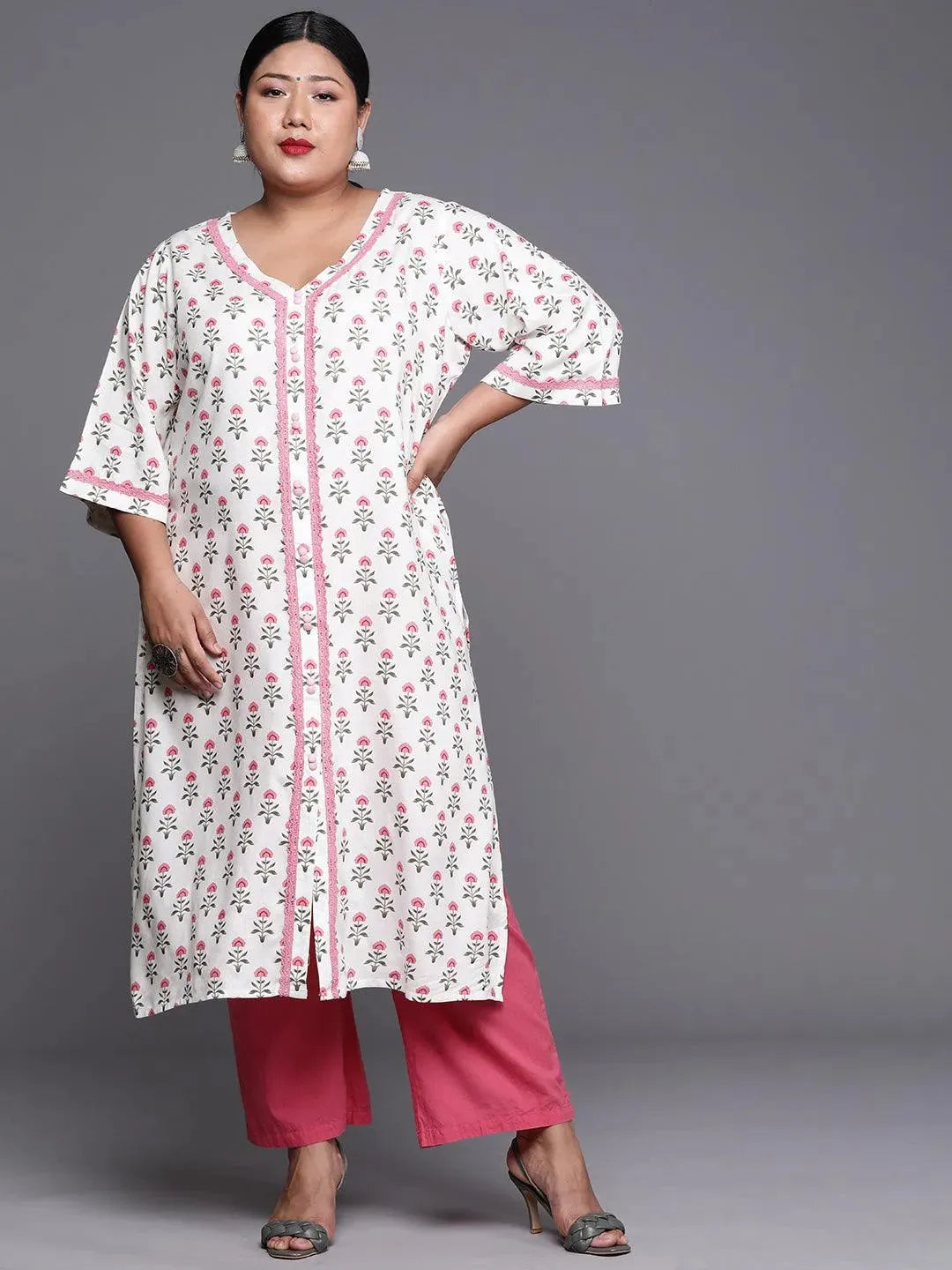 Plus Size White Printed Cotton Kurta - Libas