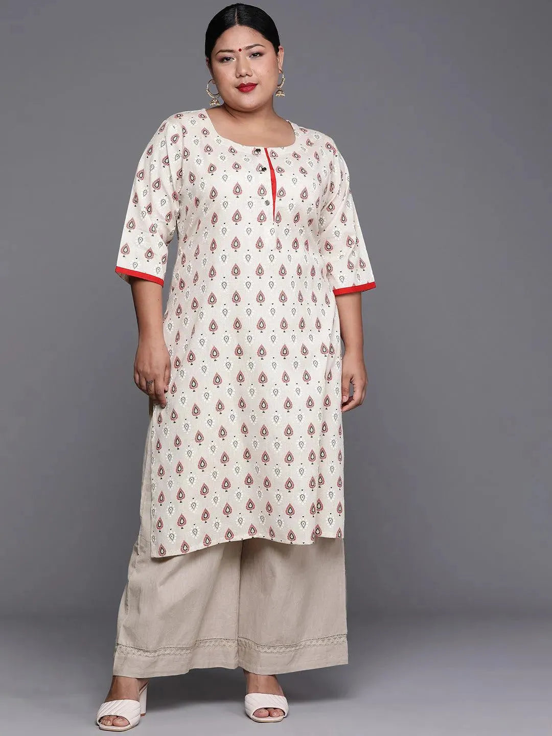 Plus Size White Printed Cotton Kurta - Libas