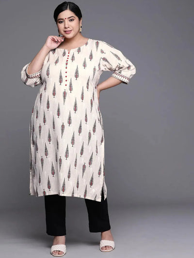 Plus Size White Printed Cotton Kurta - Libas