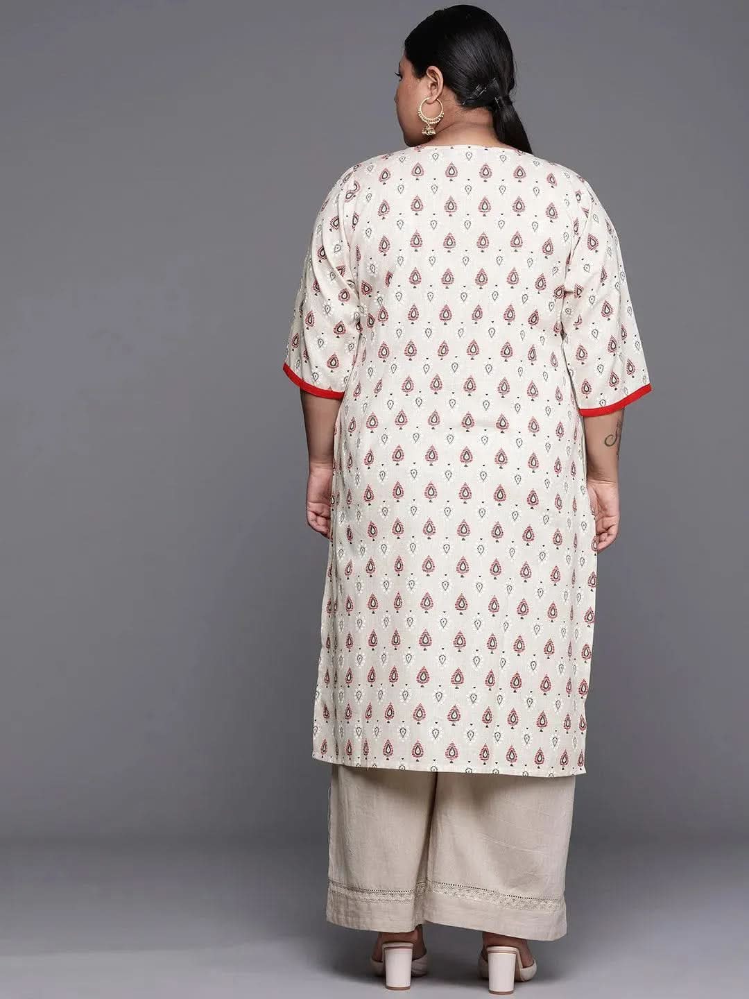Plus Size White Printed Cotton Kurta - Libas 