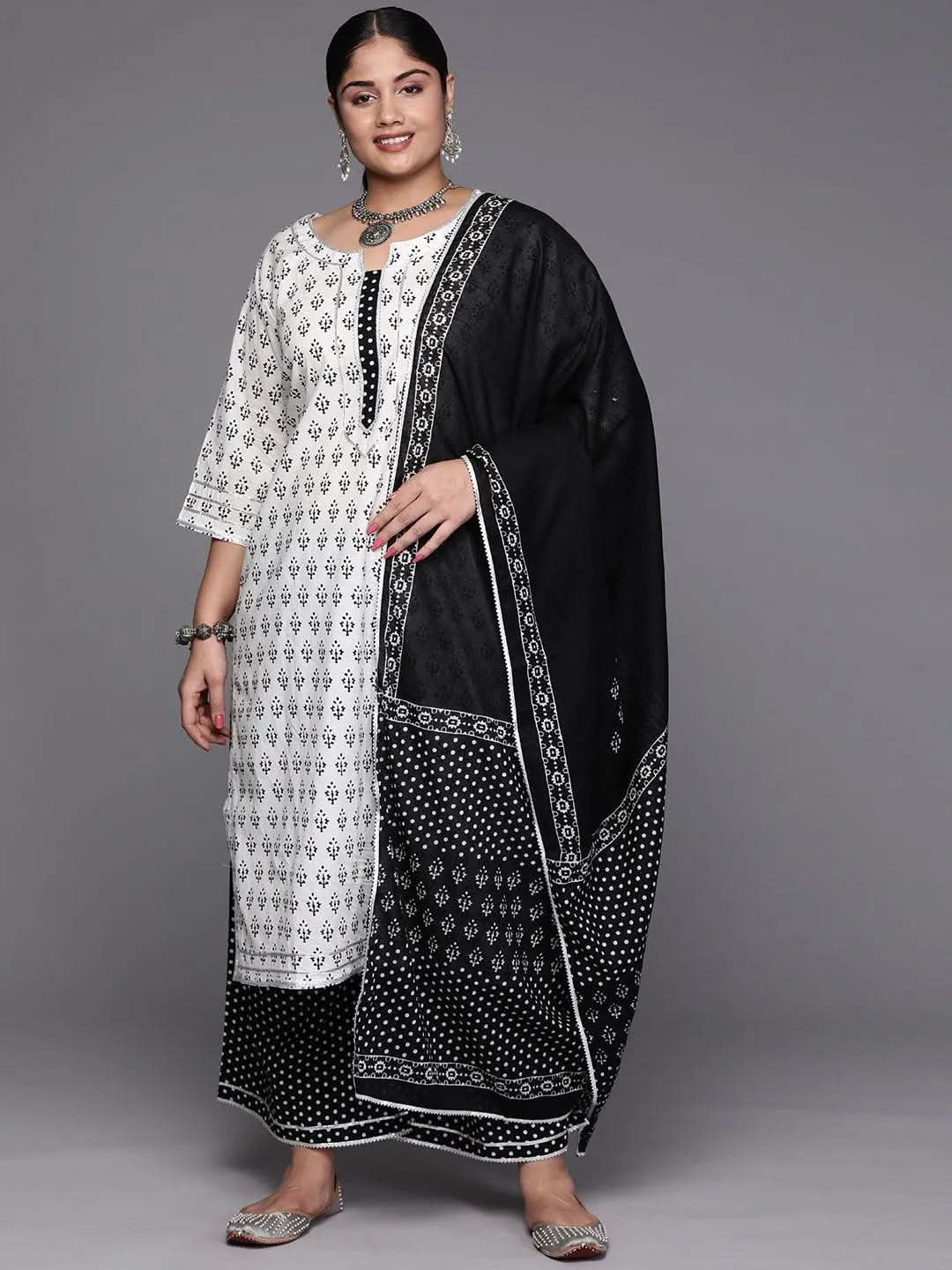 Plus Size White Printed Cotton Kurta With Palazzos & Dupatta - Libas 