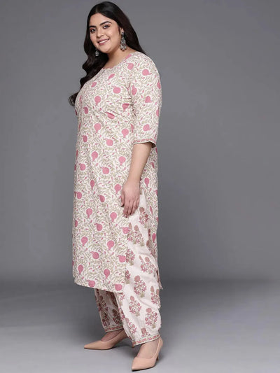 Plus Size White Printed Cotton Straight Kurta With Salwar & Dupatta - Libas