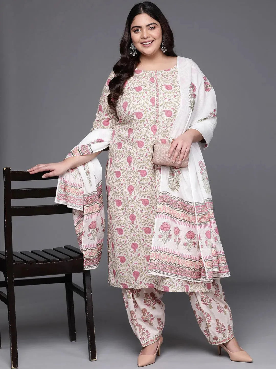 Plus Size White Printed Cotton Straight Kurta With Salwar & Dupatta - Libas