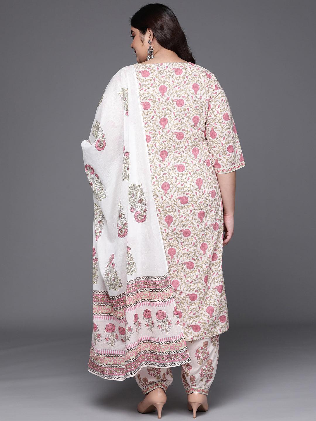 Plus Size White Printed Cotton Straight Kurta With Salwar & Dupatta