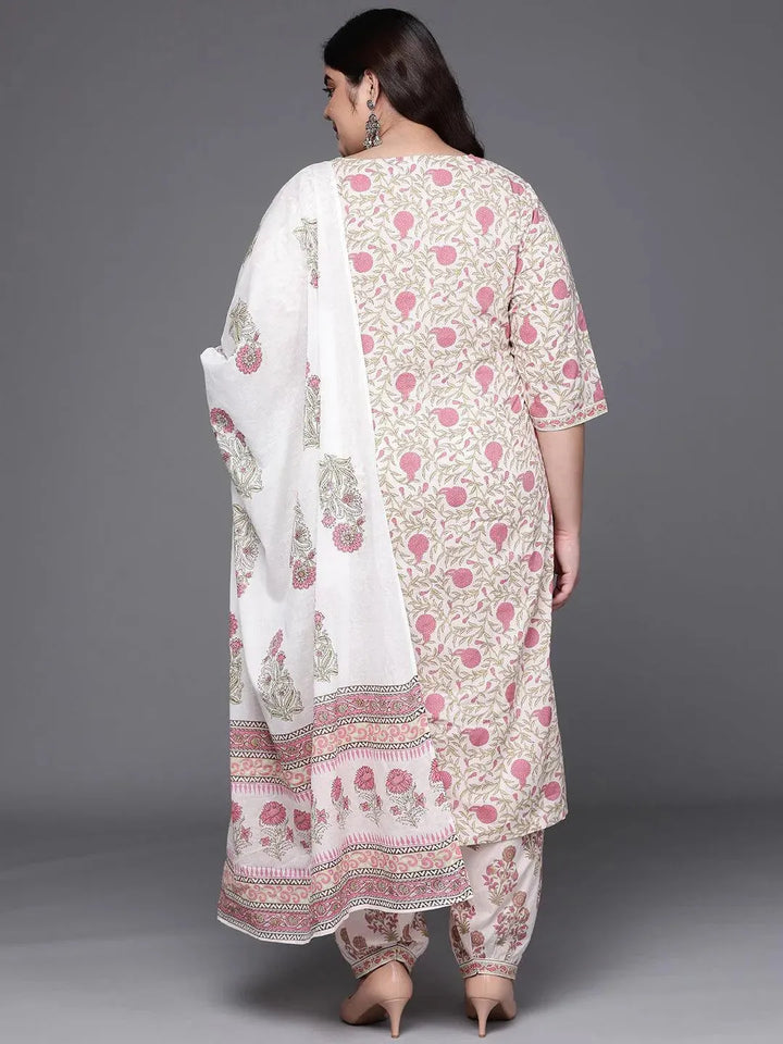 Plus Size White Printed Cotton Straight Kurta With Salwar & Dupatta - Libas