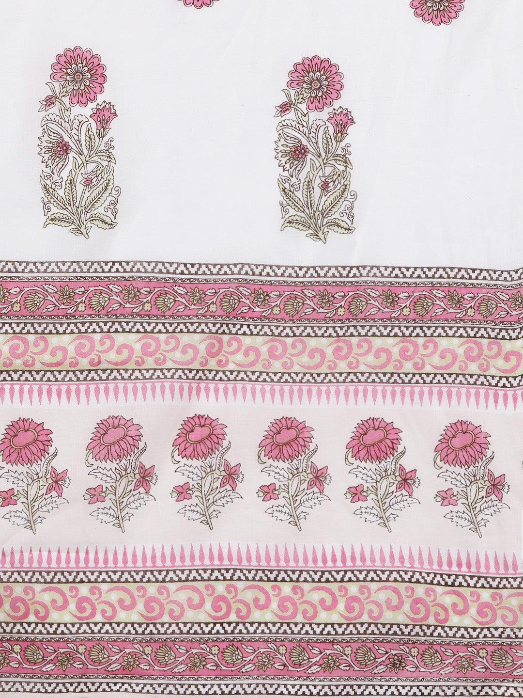 Plus Size White Printed Cotton Straight Kurta With Salwar & Dupatta