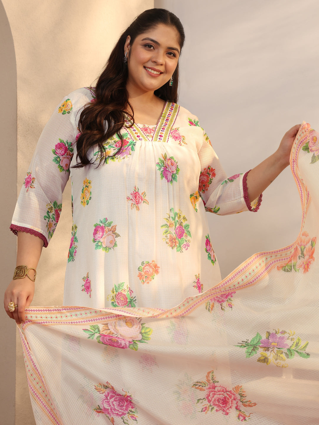 Plus Size White Printed Kota Straight Suit Set With Dupatta