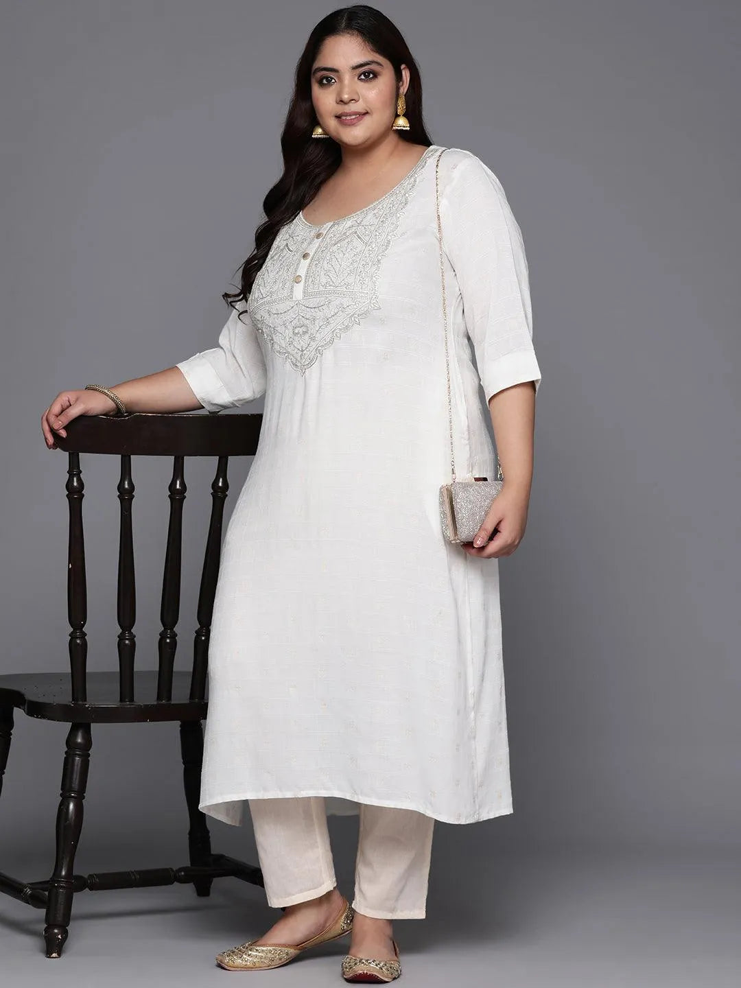 Plus Size White Printed Rayon Straight Kurta - Libas