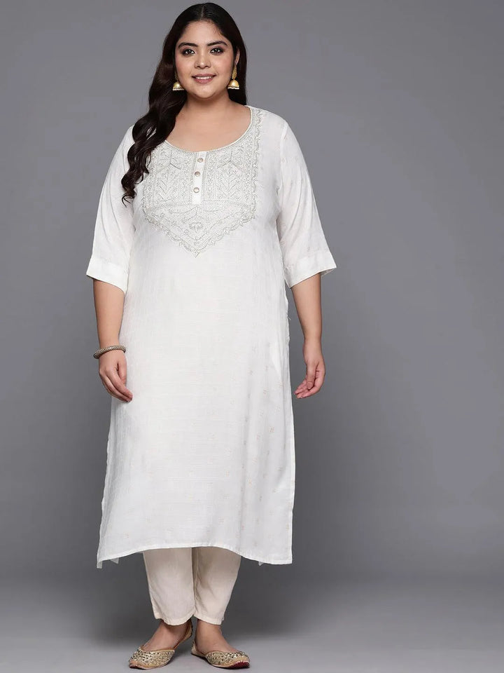Plus Size White Printed Rayon Straight Kurta - Libas