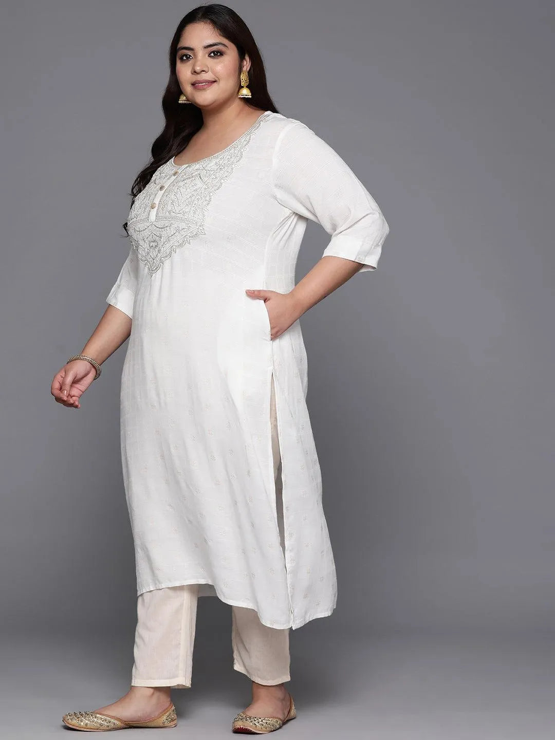 Plus Size White Printed Rayon Straight Kurta - Libas 