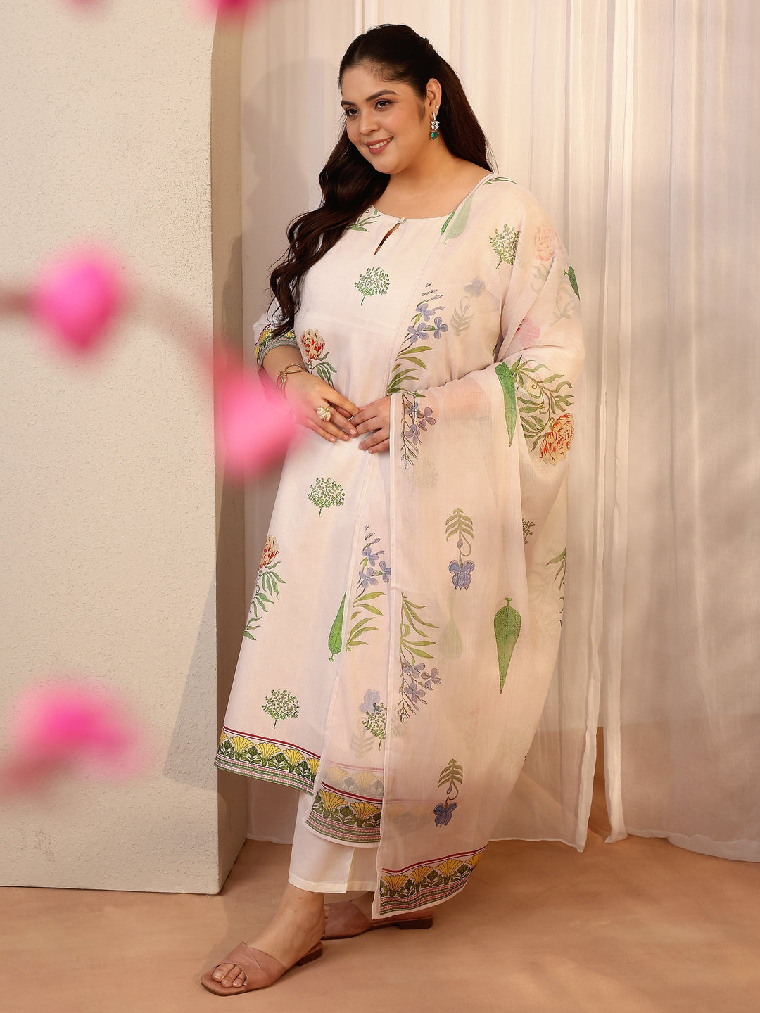 Plus Size White Printed Silk blend Straight Suit Set With Dupatta