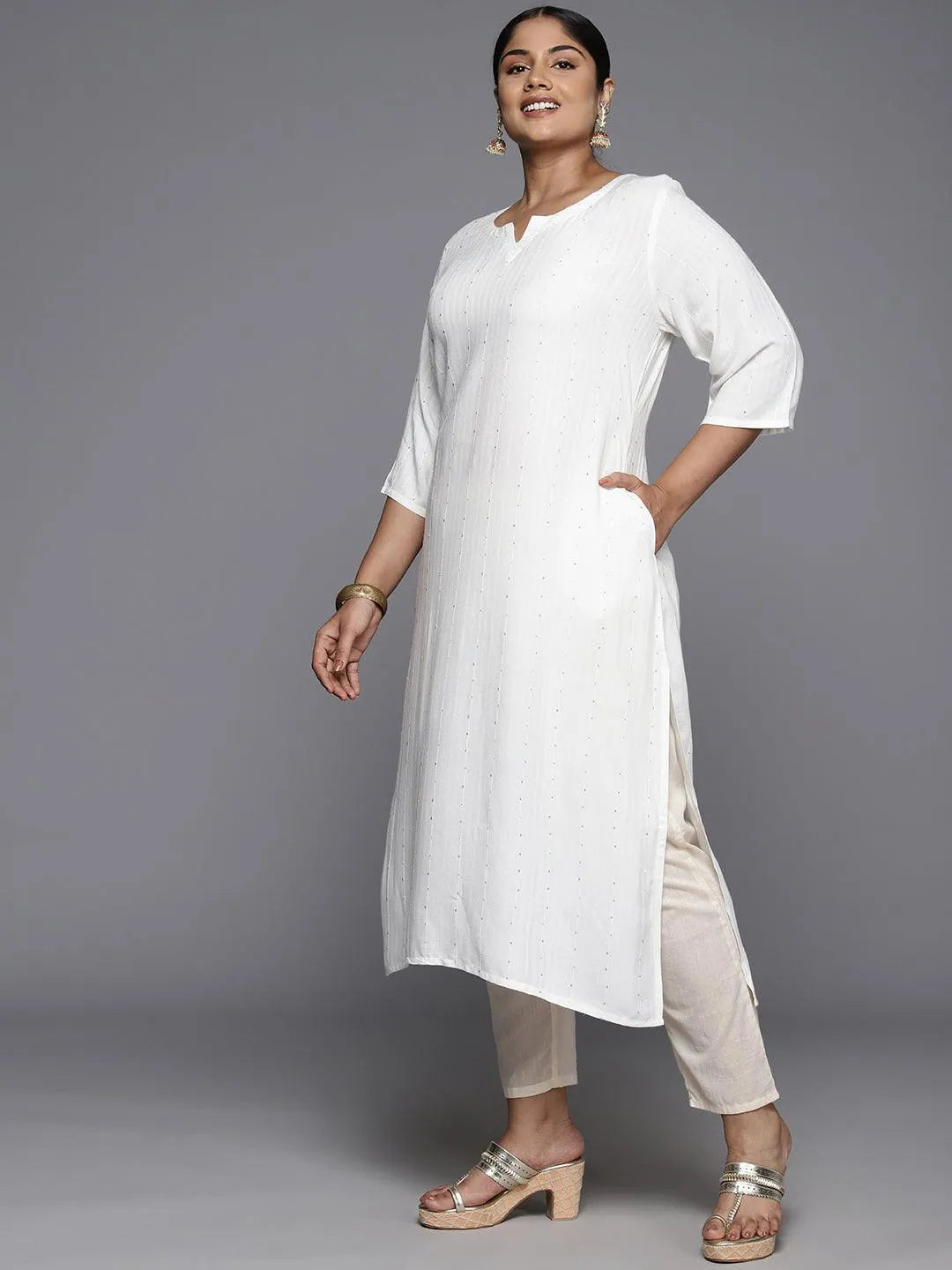 Plus Size White Rayon Embroidered Straight Kurta - Libas