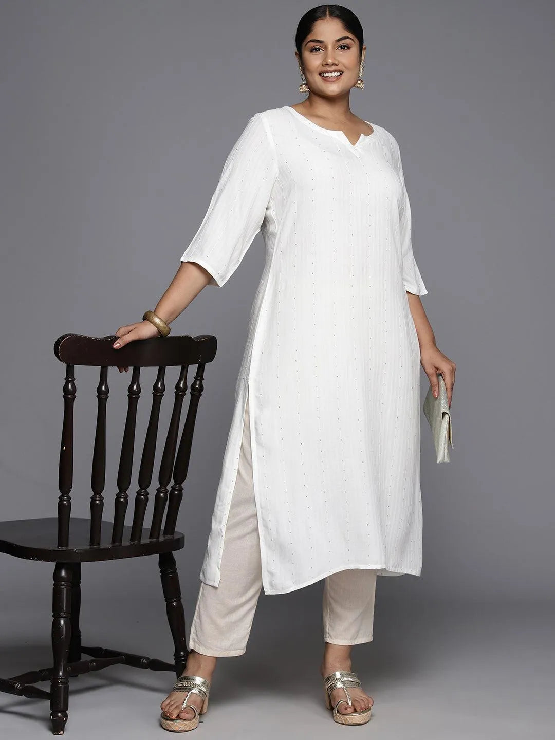 Plus Size White Rayon Embroidered Straight Kurta - Libas