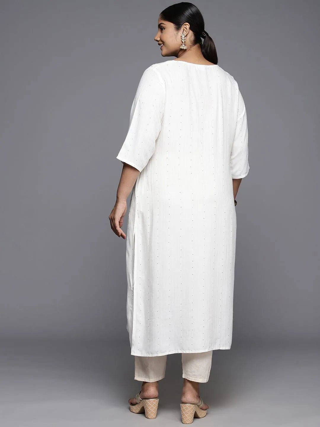 Plus Size White Rayon Embroidered Straight Kurta - Libas