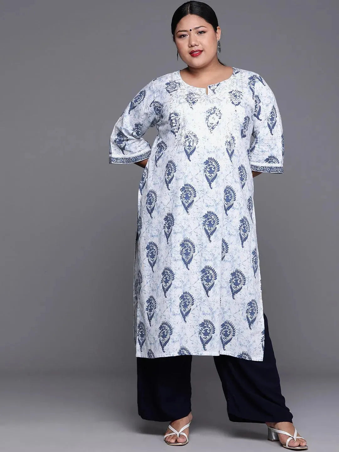 Plus Size White Yoke Design Cotton Kurta - Libas