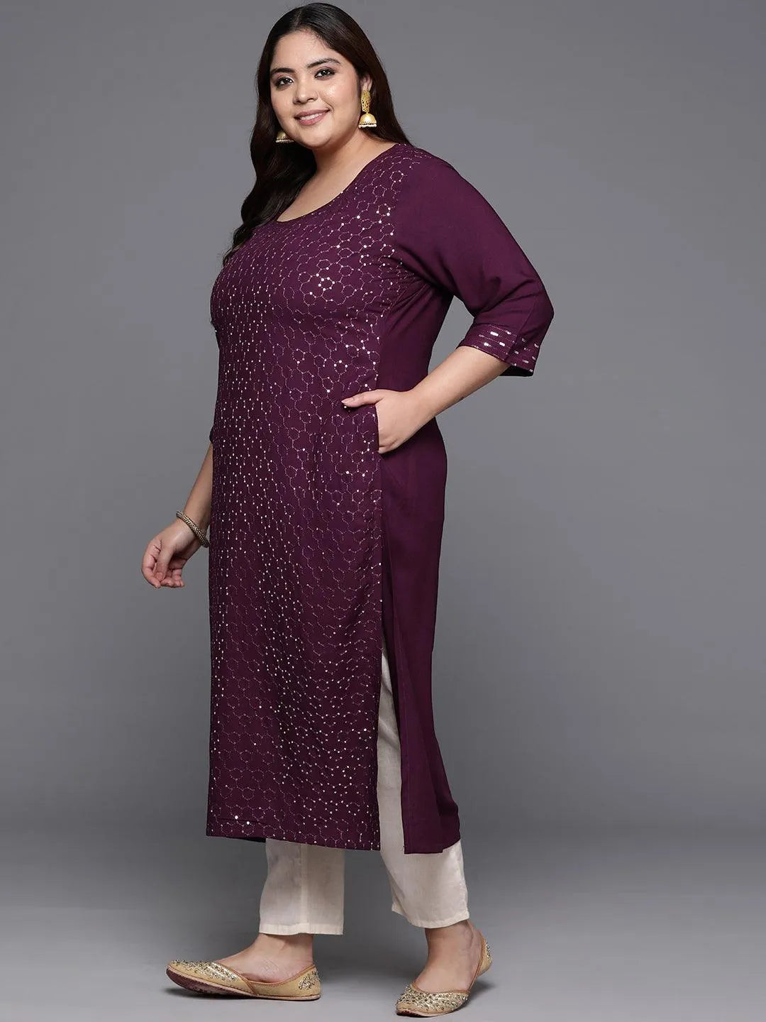 Plus Size Wine Embellished Rayon Straight Kurta - Libas 