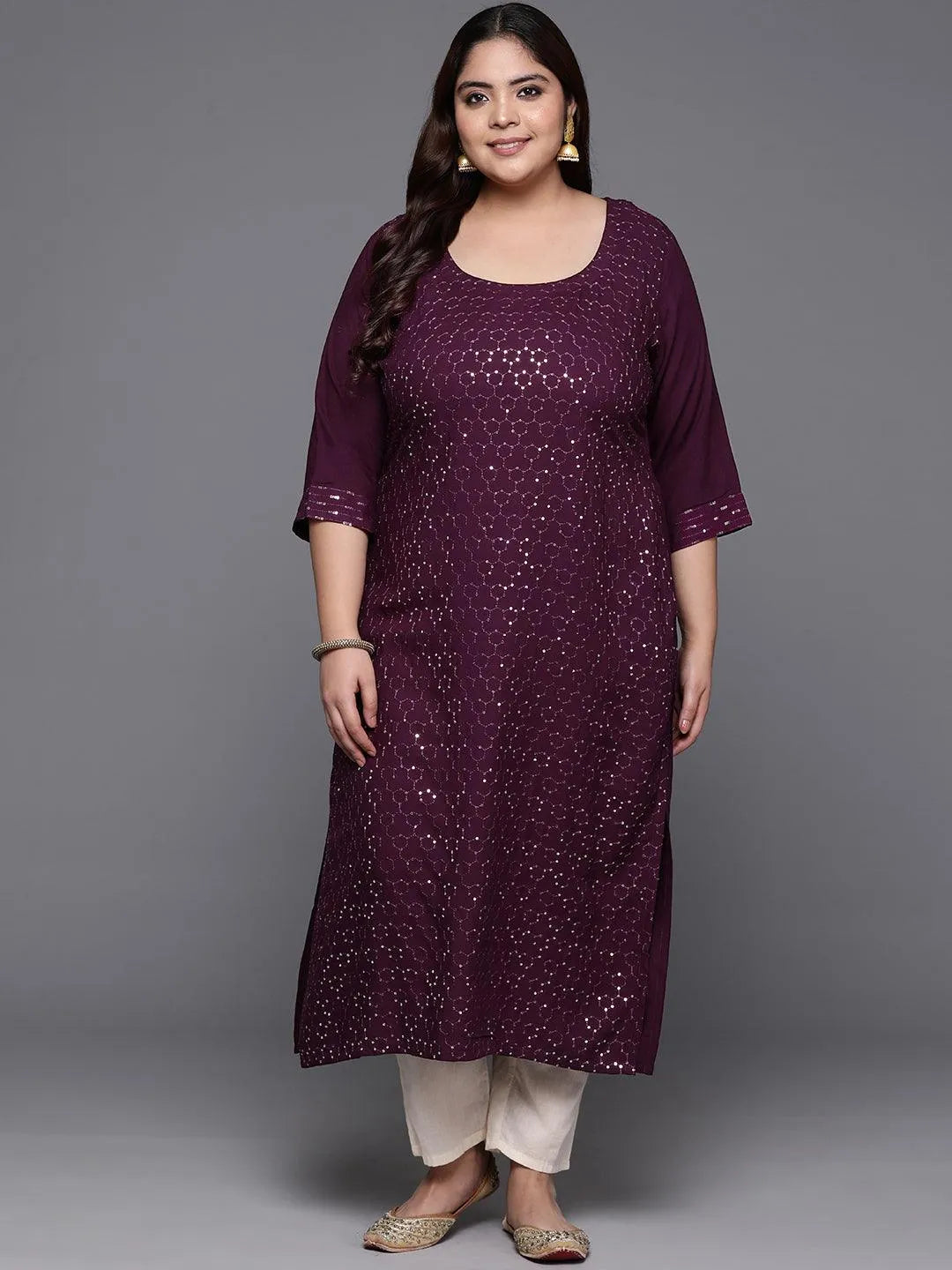 Plus Size Wine Embellished Rayon Straight Kurta - Libas 