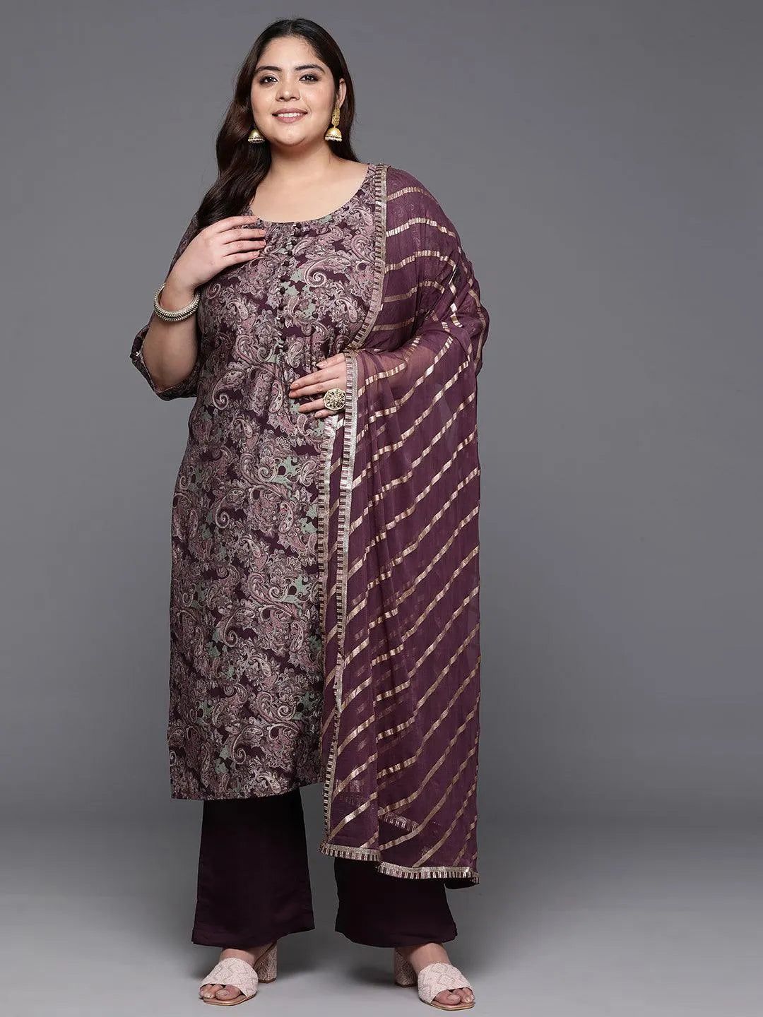 Plus Size Wine Printed Silk Blend Straight Kurta With Trousers & Dupatta - Libas 