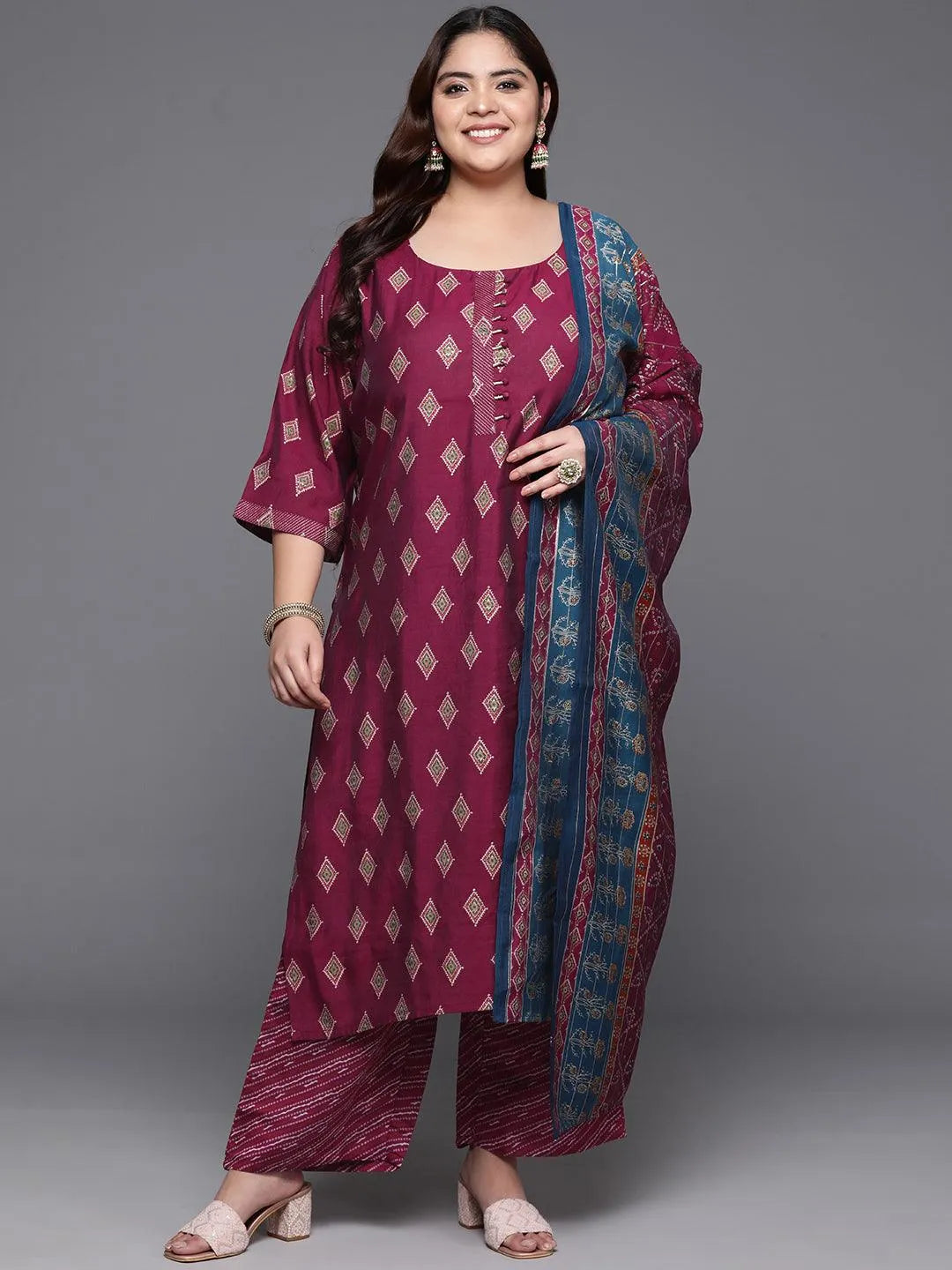 Plus Size Wine Printed Silk Blend Straight Kurta With Trousers & Dupatta - Libas 
