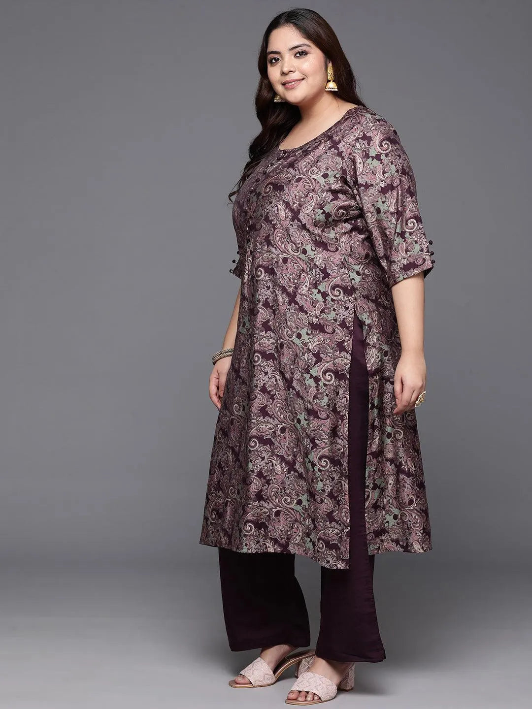 Plus Size Wine Printed Silk Blend Straight Kurta With Trousers & Dupatta - Libas