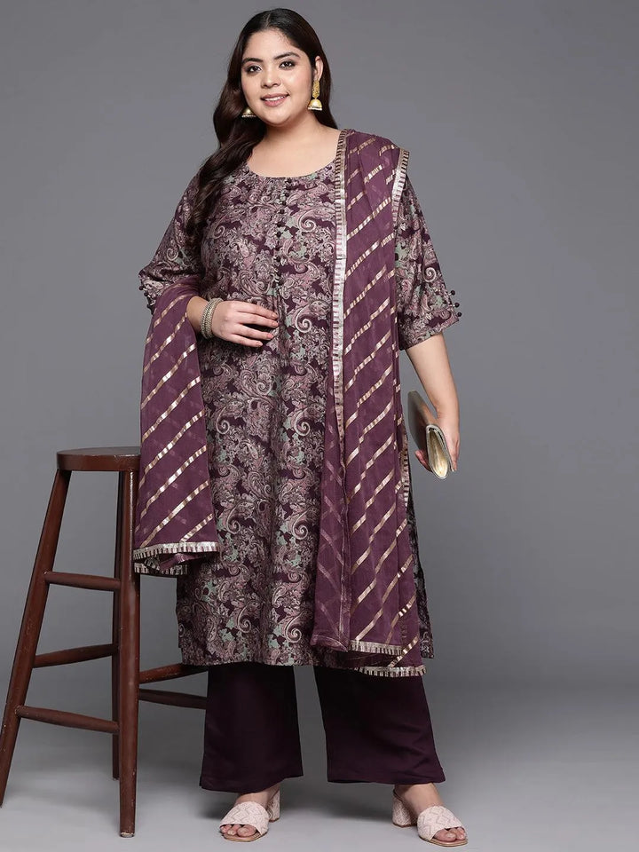 Plus Size Wine Printed Silk Blend Straight Kurta With Trousers & Dupatta - Libas