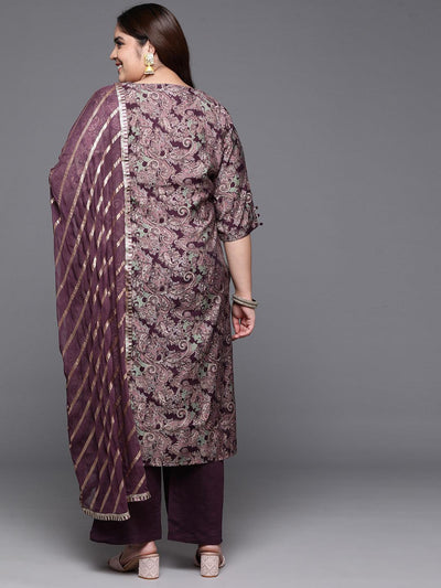 Plus Size Wine Printed Silk Blend Straight Kurta With Trousers & Dupatta - Libas