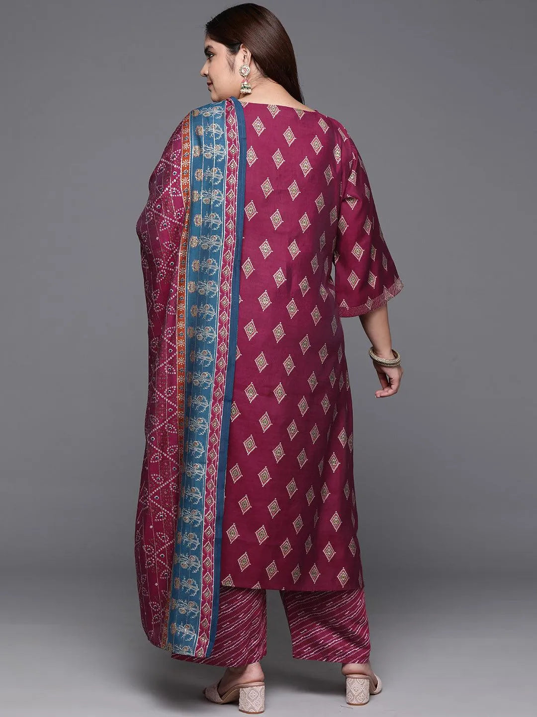 Plus Size Wine Printed Silk Blend Straight Kurta With Trousers & Dupatta - Libas 