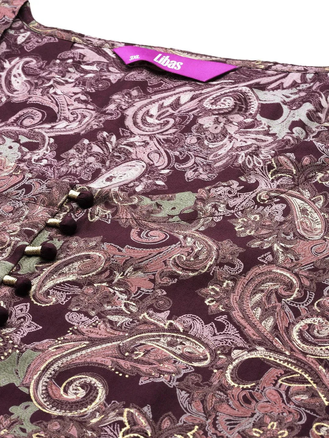 Plus Size Wine Printed Silk Blend Straight Kurta With Trousers & Dupatta - Libas 