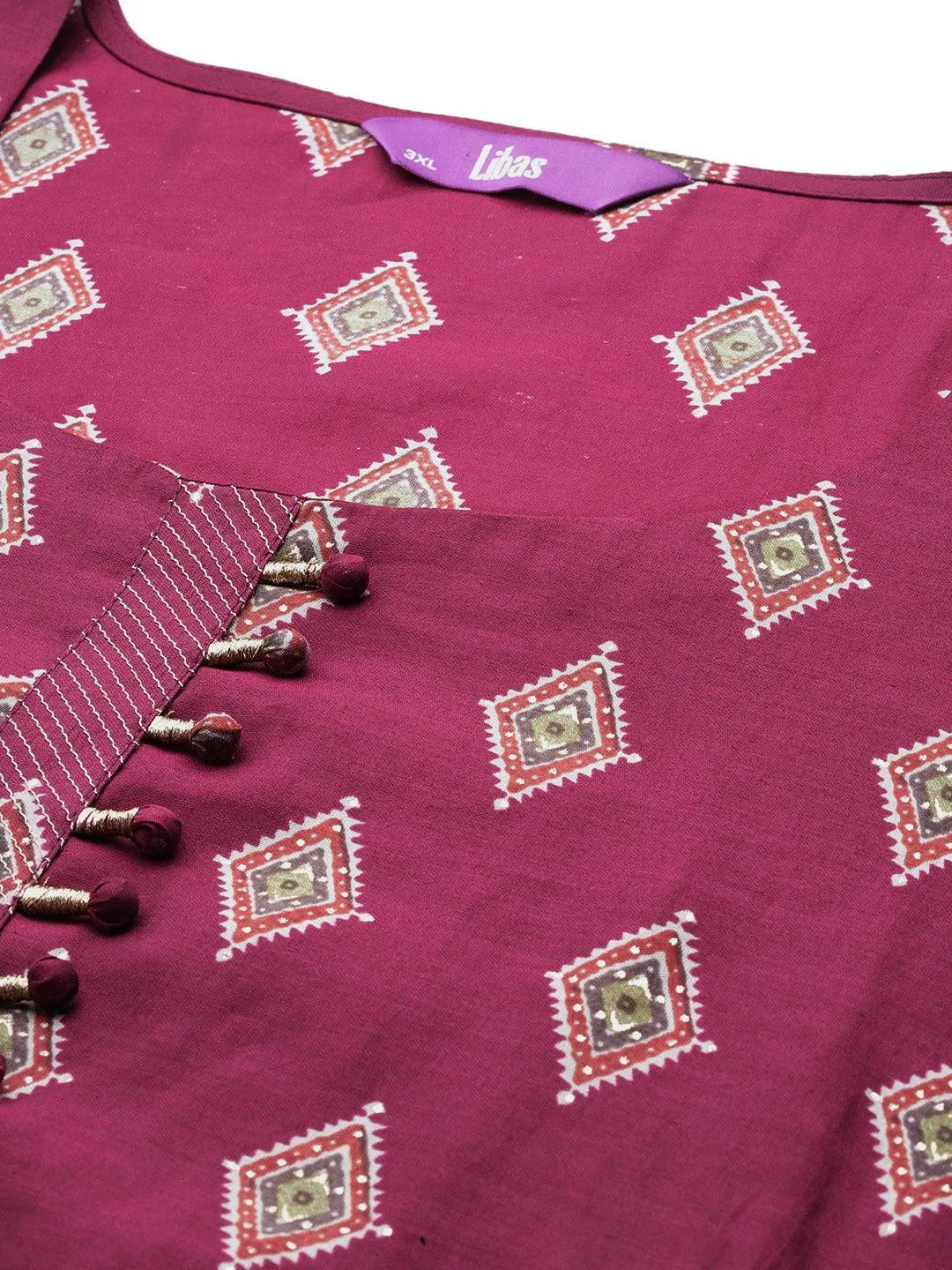 Plus Size Wine Printed Silk Blend Straight Kurta With Trousers & Dupatta - Libas 