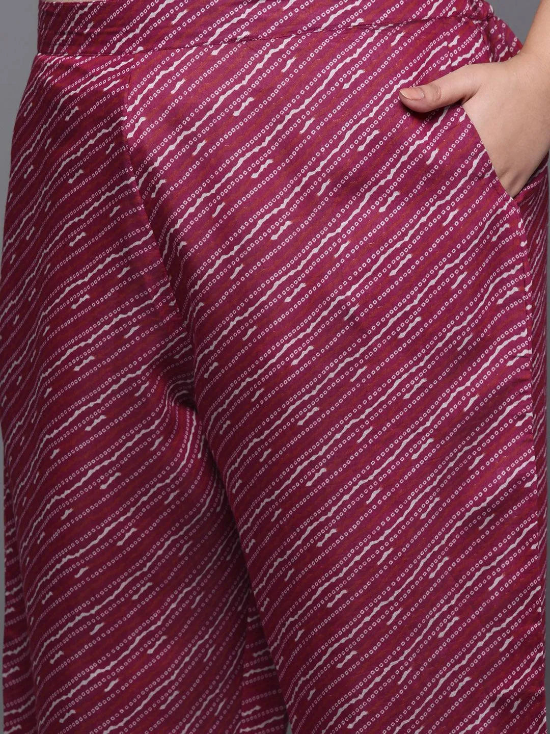 Plus Size Wine Printed Silk Blend Straight Kurta With Trousers & Dupatta - Libas 
