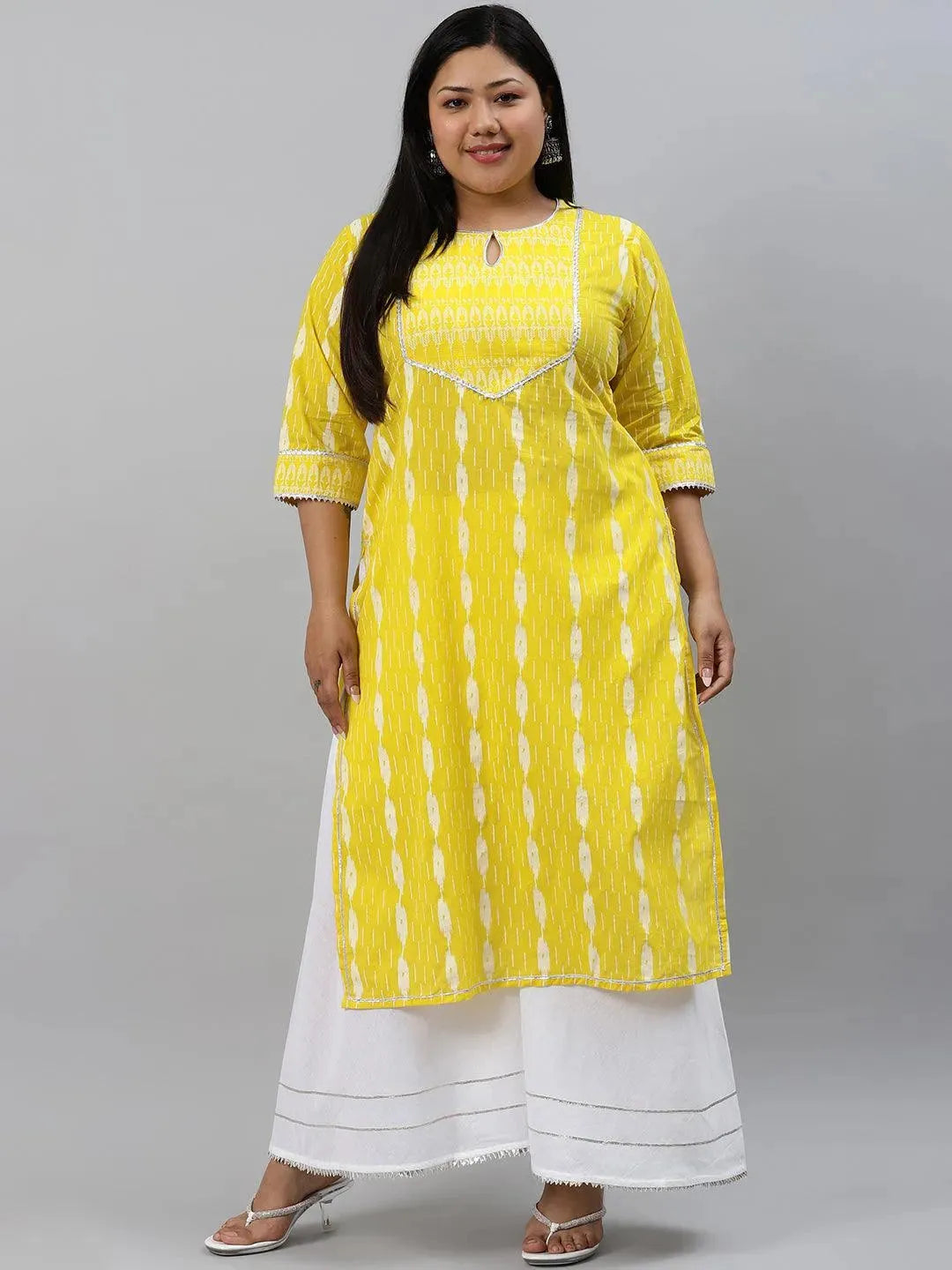 Plus Size Yellow Abstract Cotton Kurta - Libas