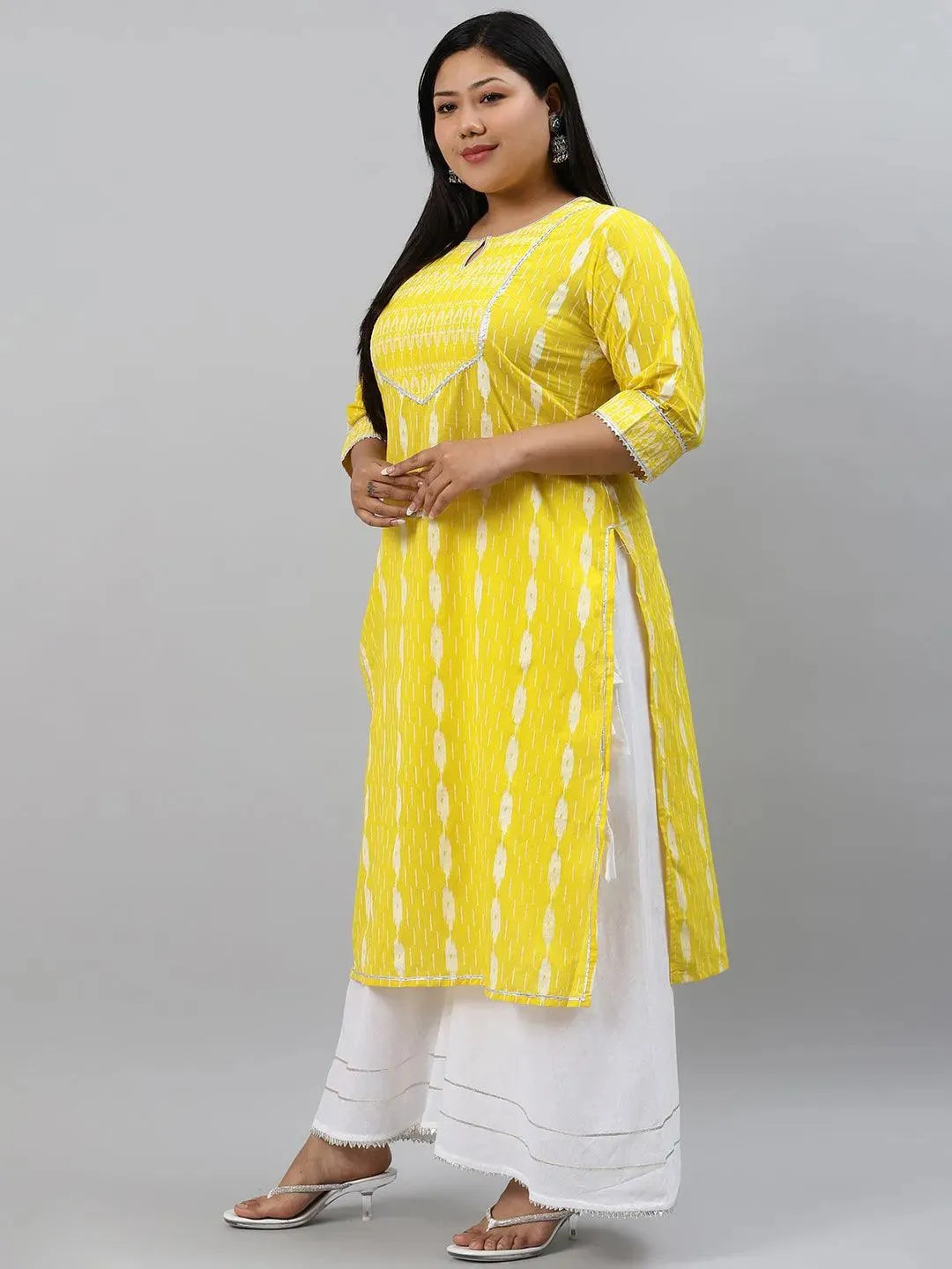 Plus Size Yellow Abstract Cotton Kurta - Libas 