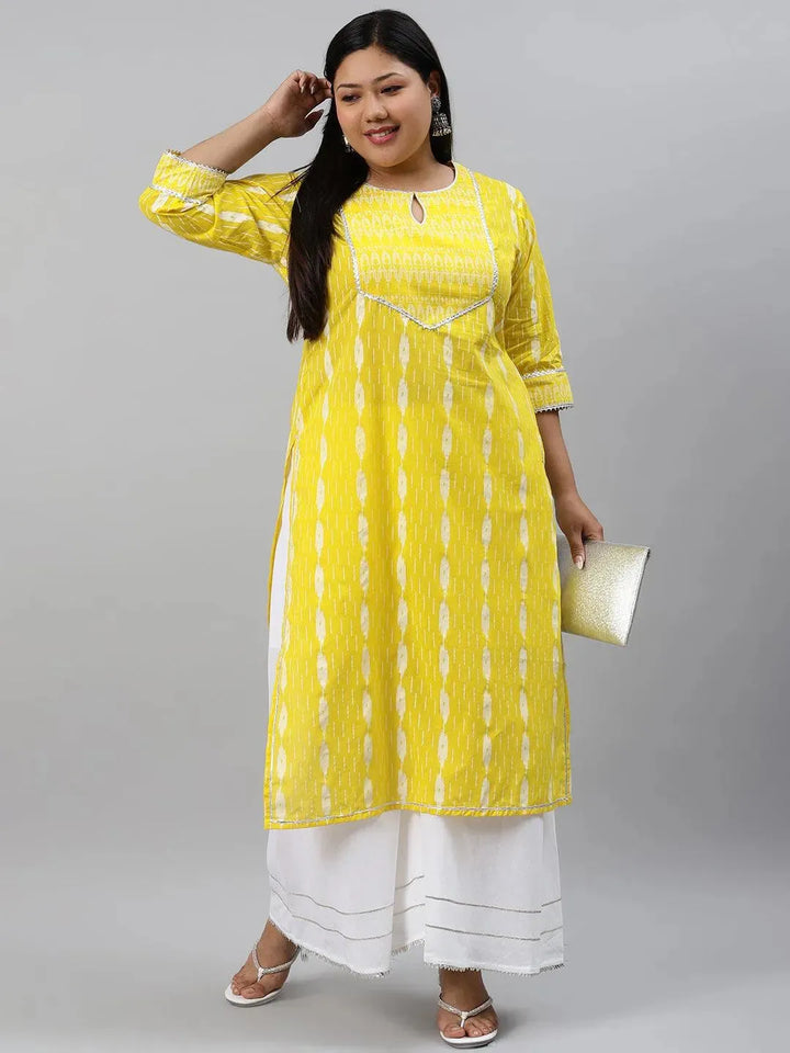 Plus Size Yellow Abstract Cotton Kurta - Libas