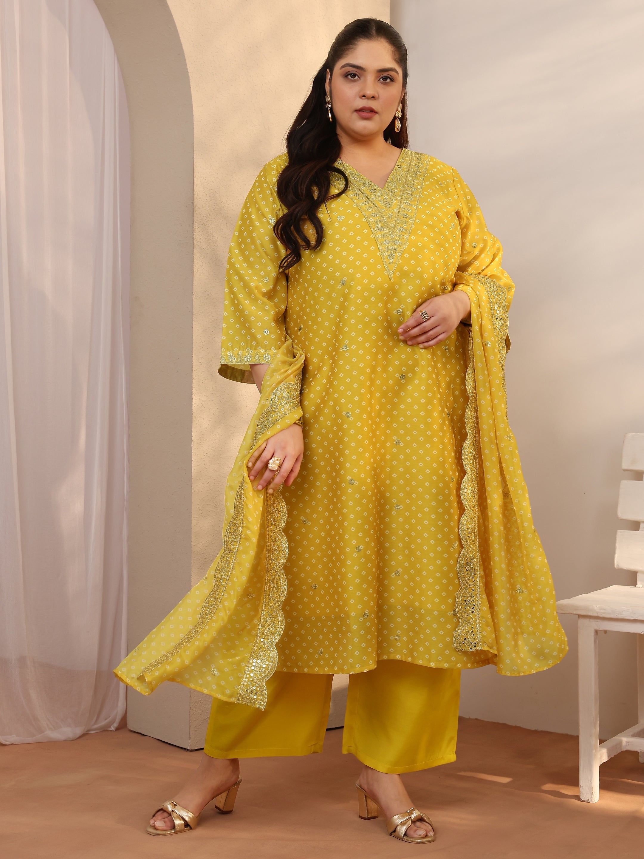 libas Plus Size Yellow Bandhani Printed Silk blend Straight Suit Set With Dupatta-picture-52