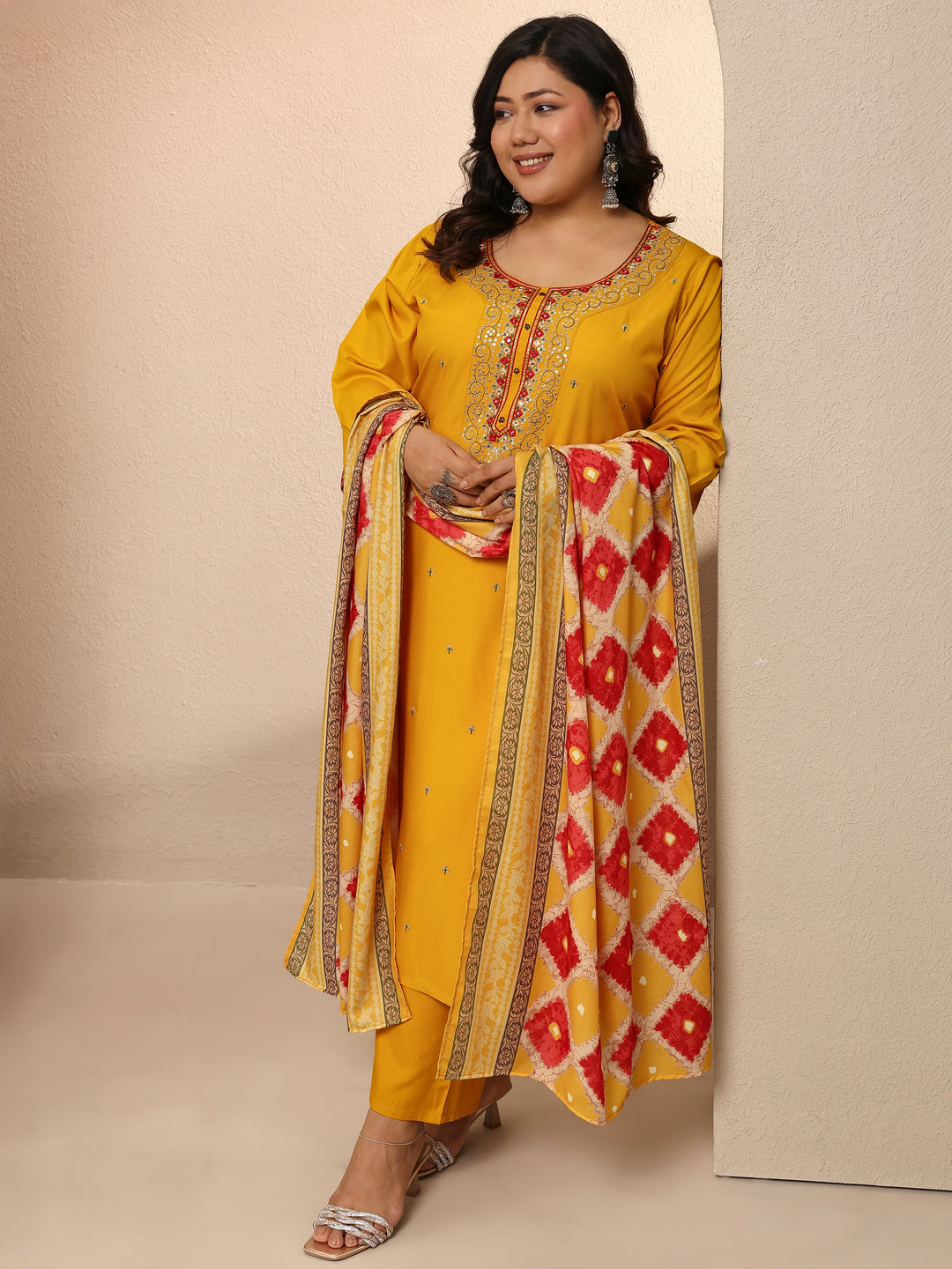  Plus Size Yellow Embellished Rayon Suit Set With Dupatta 