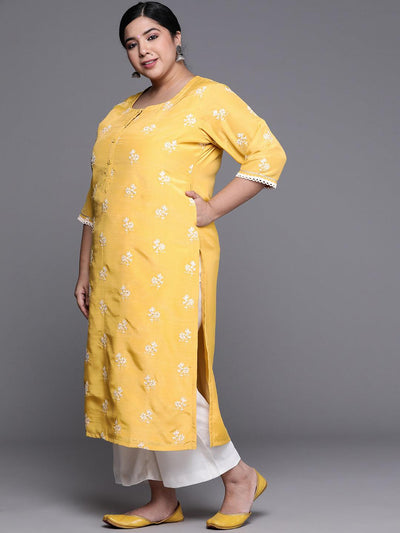 Plus Size Yellow Embroidered Chanderi Silk Kurta - Libas