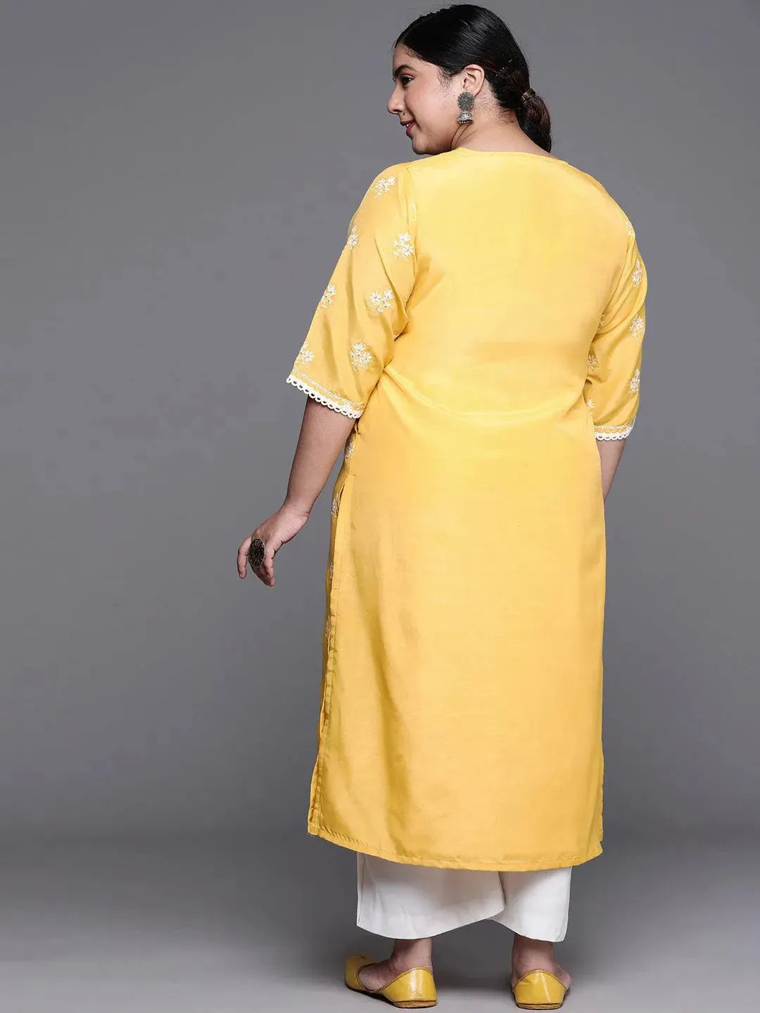 Plus Size Yellow Embroidered Chanderi Silk Kurta - Libas 